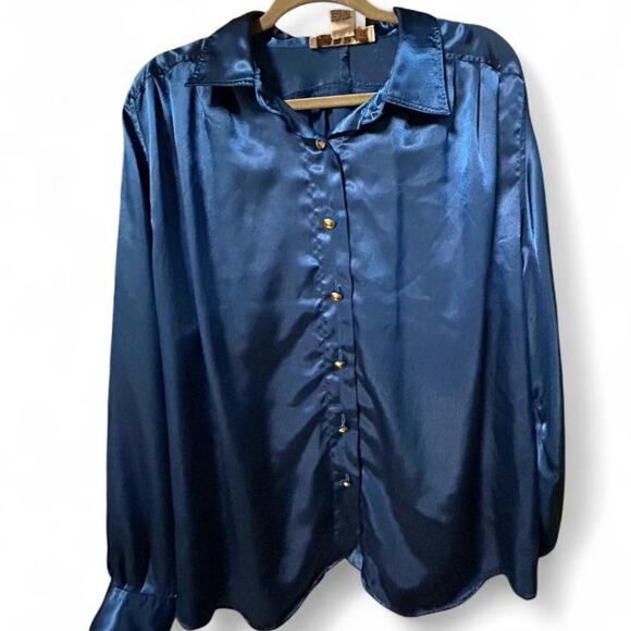 Vintage 80s excellent condition poly satin royal blue blouse size 16 XL - Picture 1 of 5